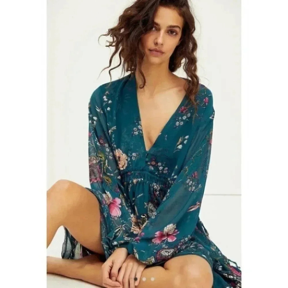 NWT Free People Cherry Blossom Mini Dress Floral Long Sleeve Green Small